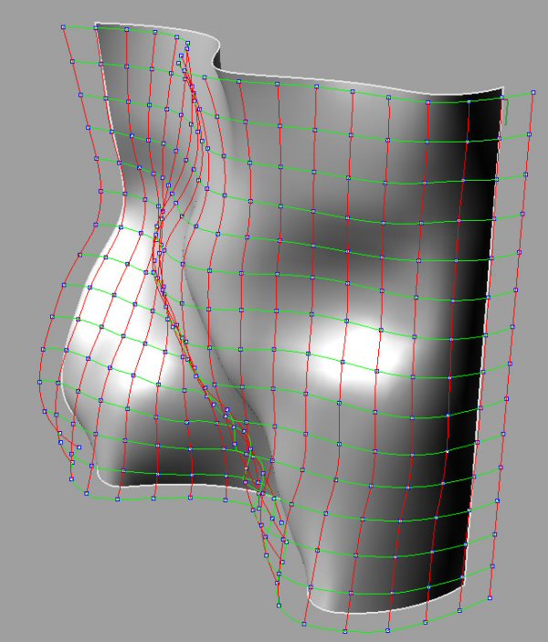 Illustrationen viser et computergenereret armeringsnet, der passer til den overflade, arkitekten foreskriver i en 3D-model. P en nyudviklet prototype-maskine er det nu muligt at bukke de stnger, nettet samles af, automatisk i 3D.