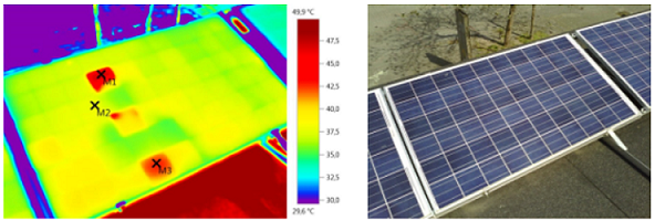 Billedet viser termografering af solcellemoduler.