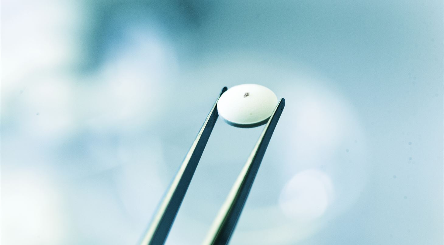 A visible particle is seen on the surface of a pharmaceutical pill