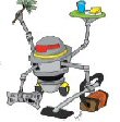 robot med mange arme som f,eks, har en st�vsuger i den ene h�nd, og klud i den anden og mad i den tredje