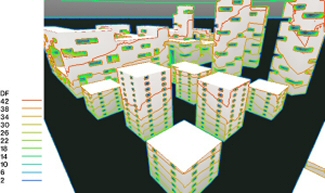 3D billede af dagslyssammenspil mellem bygninger, som er med til at bestemme dagslysfaktoren