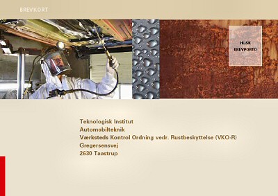 Brevkort til at l�gge i rustbeskyttede biler. Kortet l�gges i bilen af rustbeskyttelsescentret efter endt rustbeskyttelse. Bilejeren kan ved at indsende kortet til Teknologisk Institut v�re heldig at f� sin bil udtrukket til stikpr�vekontrol.
