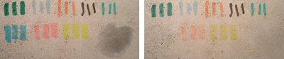 Beton med en tynd overflade af titandioxid får en selvrensende egenskab - som billederne før og efter UV-belysning - tydelig viser