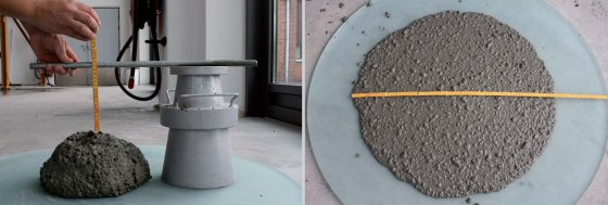 Stml for traditionel beton til venstre mlt som sammensynkningen af en 300 mm hj betonkegle. Flydeml i form af diameteren for et tilsvarende SCC prveemne ses til hjre.