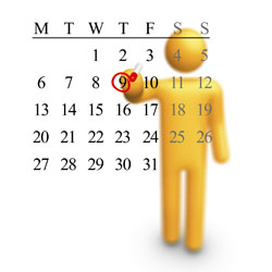 Grafik af mand der sætter rød ring omkring en dato på en månedskalender
