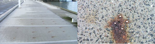 Eksempel på rustende armering som følge af dårlig vedhæftning mellem afstandsholder og beton. Her er benyttet plastikafstandsholdere.