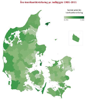 Kortet viser, hvor lønmodtagerkulturen dominerer, og hvor iværksætterkulturen dominerer i Danmark.