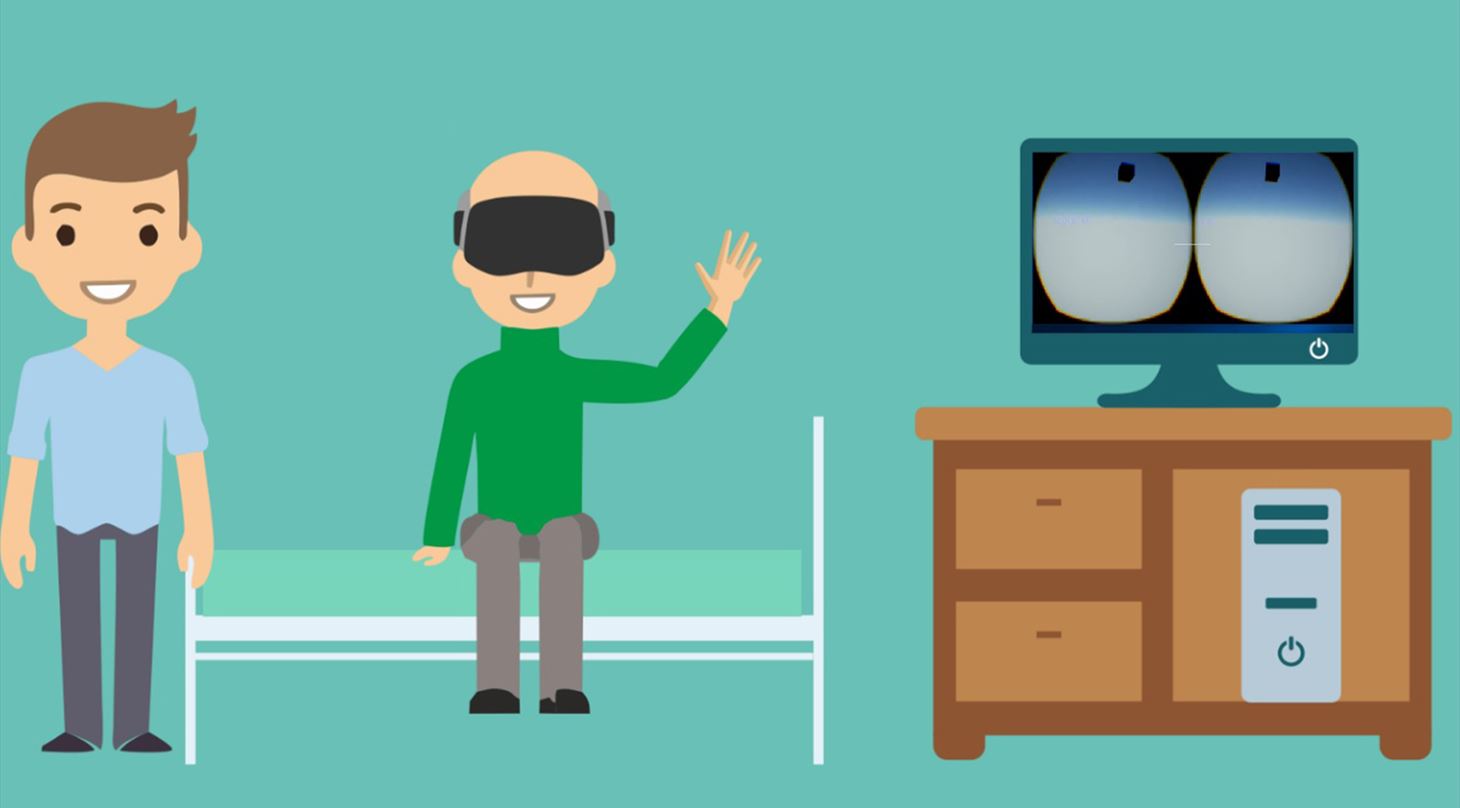 Grafik af ældre mand, der prøver virtual reality i en seng med en yngre mand ved sin side