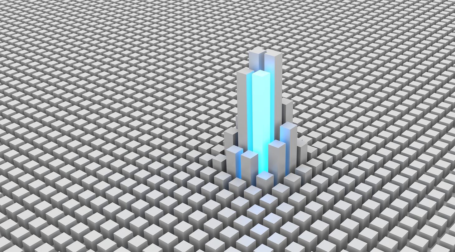 Et billede af en masse grå firkanter/søjler, hvoraf nogle af dem stikker op over de andre med en blå søjle i midten
