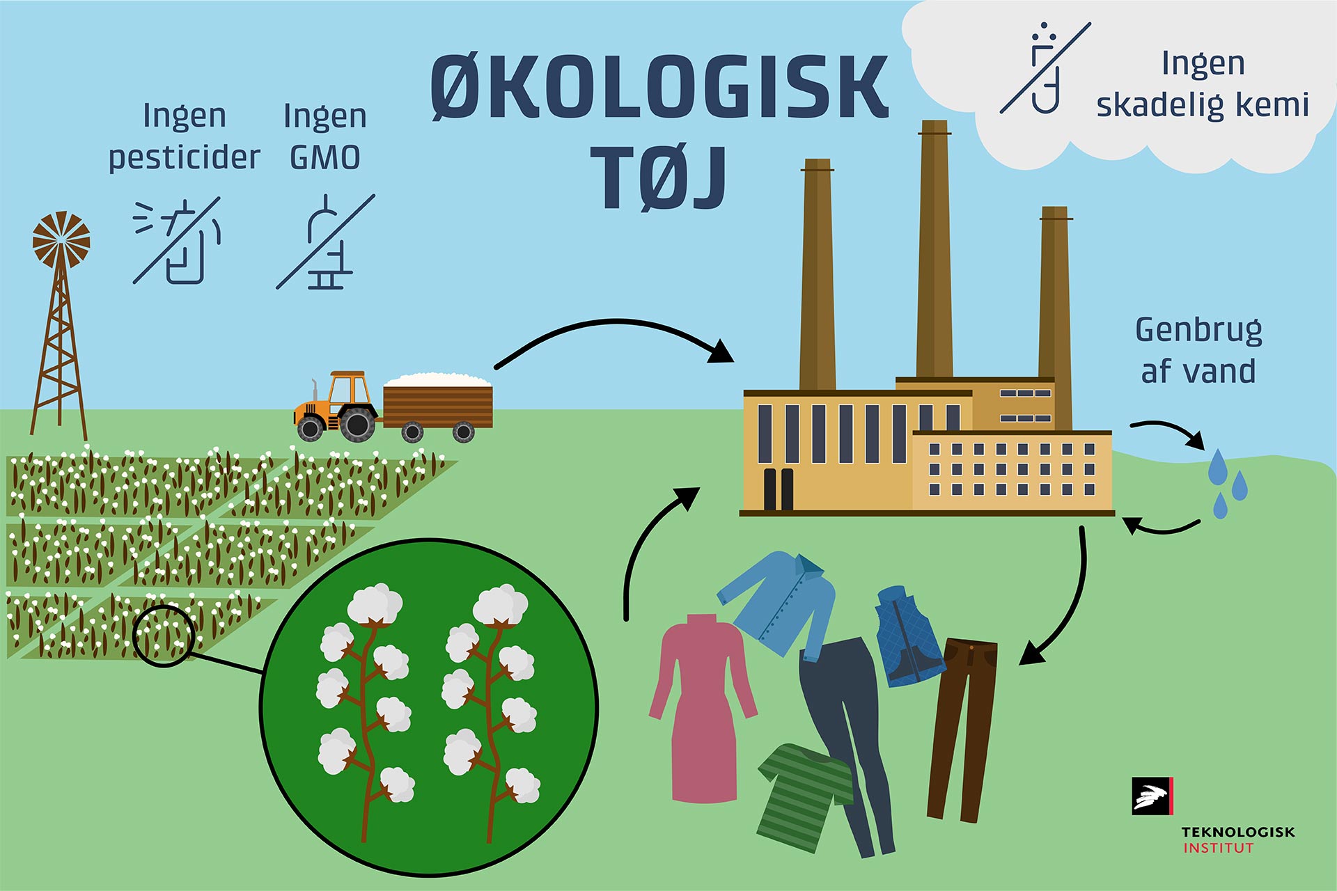 Sådan fremstilles økologisk tøj - infografik som illustrerer produktion af økologisk tøj.