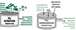 Billedet viser forskellen på ekstraktion og imprægnering med flydende stoffer ved hjælp af superkrtisk CO2.