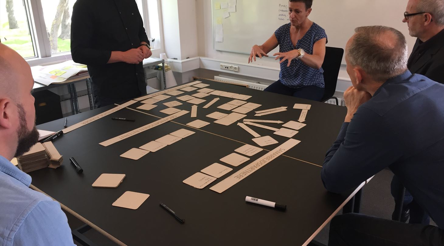 Billedet viser en gruppe mennesker til en workshop, der arbejder med digitale service i prototyper på pap.