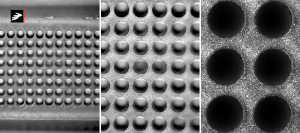 Kollage med tre billeder der viser huller fremstillet ved laserbearbejdning