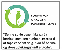 Billedet viser et genbrugssymbol i grønne farver fra forum for cirkulær plastemballages guide samt tekst om brugen af guiden