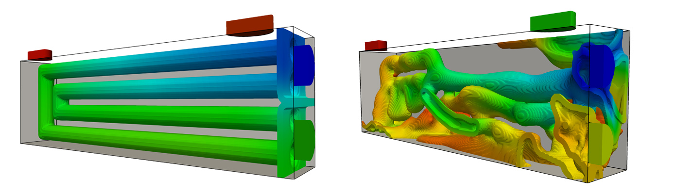 Computerrendering af varmeveksler med og uden topologi-optimering