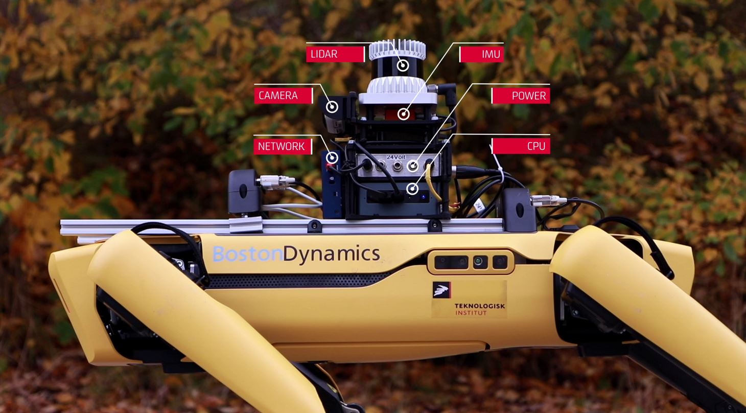 Teknologisk Institut har udstyret robotten Spot med en rkke sensorer ssom lidar, gyrometer og termografisk kamera.