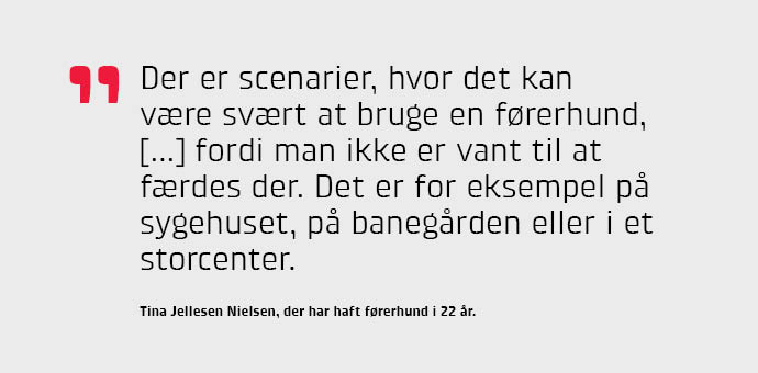 "Der er scenarier, hvor det kan vre svrt at bruge en frerhund, [...] fordi man ikke er vant til at frdes der. Det er for eksempel p sygehuset, p banegrden eller i et storcenter," siger Tina Jellesen Nielsen, der har haft frerhund i 22 r.