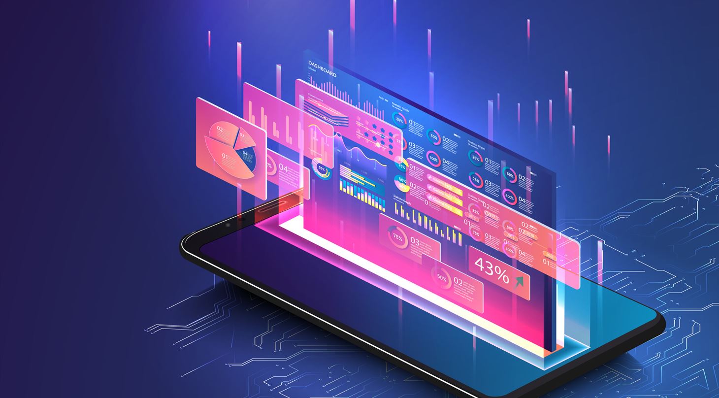 Device med Business Intelligence-løsning, der viser nøgletal, grafer og diagrammer
