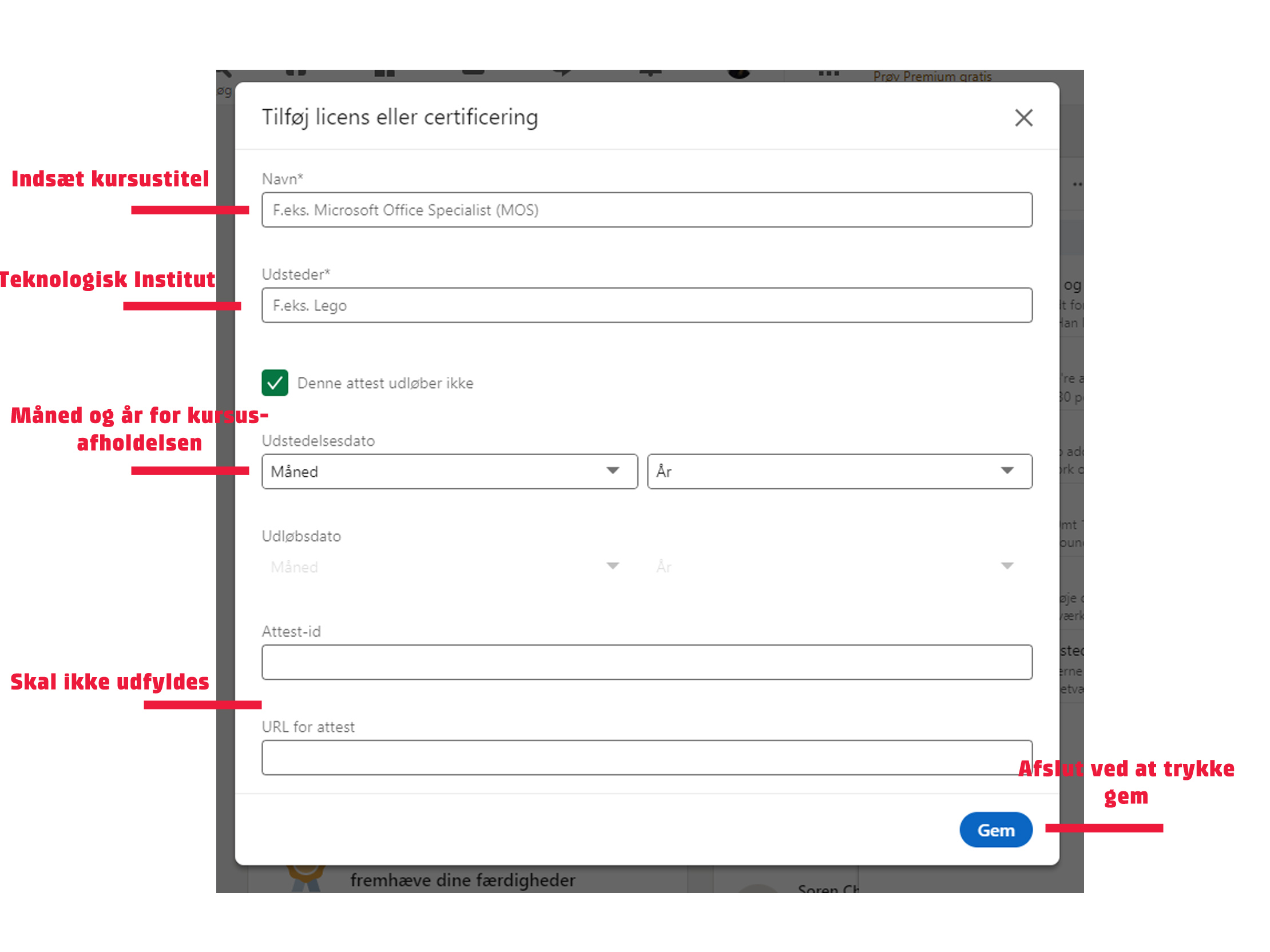 Formular til at tilfje dit kursusbevis til LinkedIn