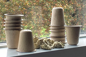 Billedet viser et antal papirbaserede vådstøbte kopper, der står i en vindueskarm med efterårsblade i baggrunden. Billedet er taget til brug for GUDP-projektet SinProPack