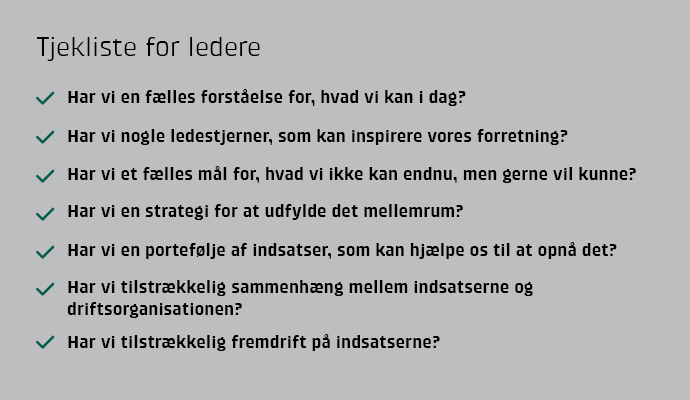 Har vi en flles forstelse for, hvad vi kan i dag? Har vi nogle ledestjerner, som kan inspirere vores forretning? Har vi et flles ml for, hvad vi ikke kan endnu, men gerne vil kunne? Har vi en strategi for at udfylde det mellemrum?