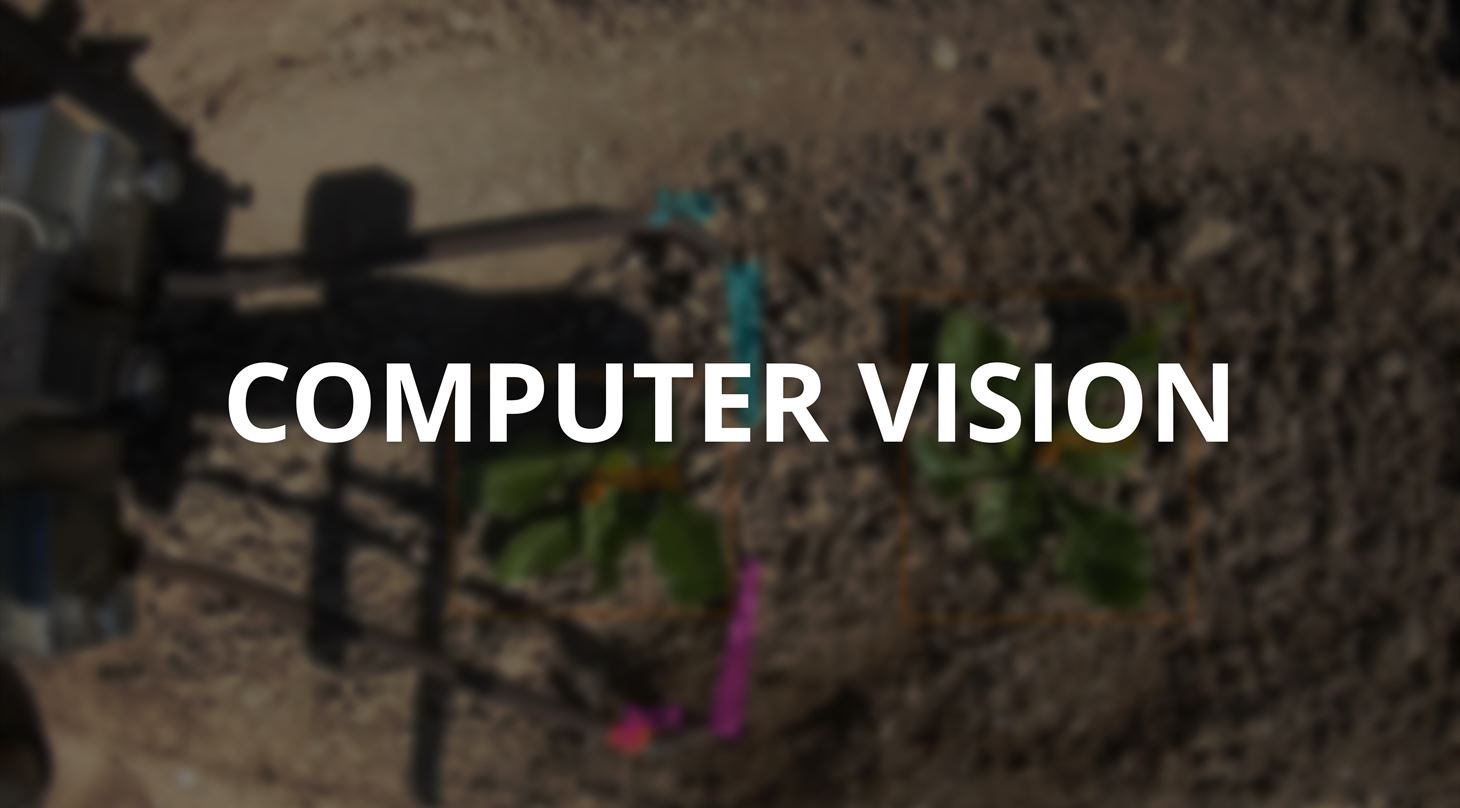 tekst: computer vision. baggrund: lugerobot og computer-vision kasser rundt om planter.