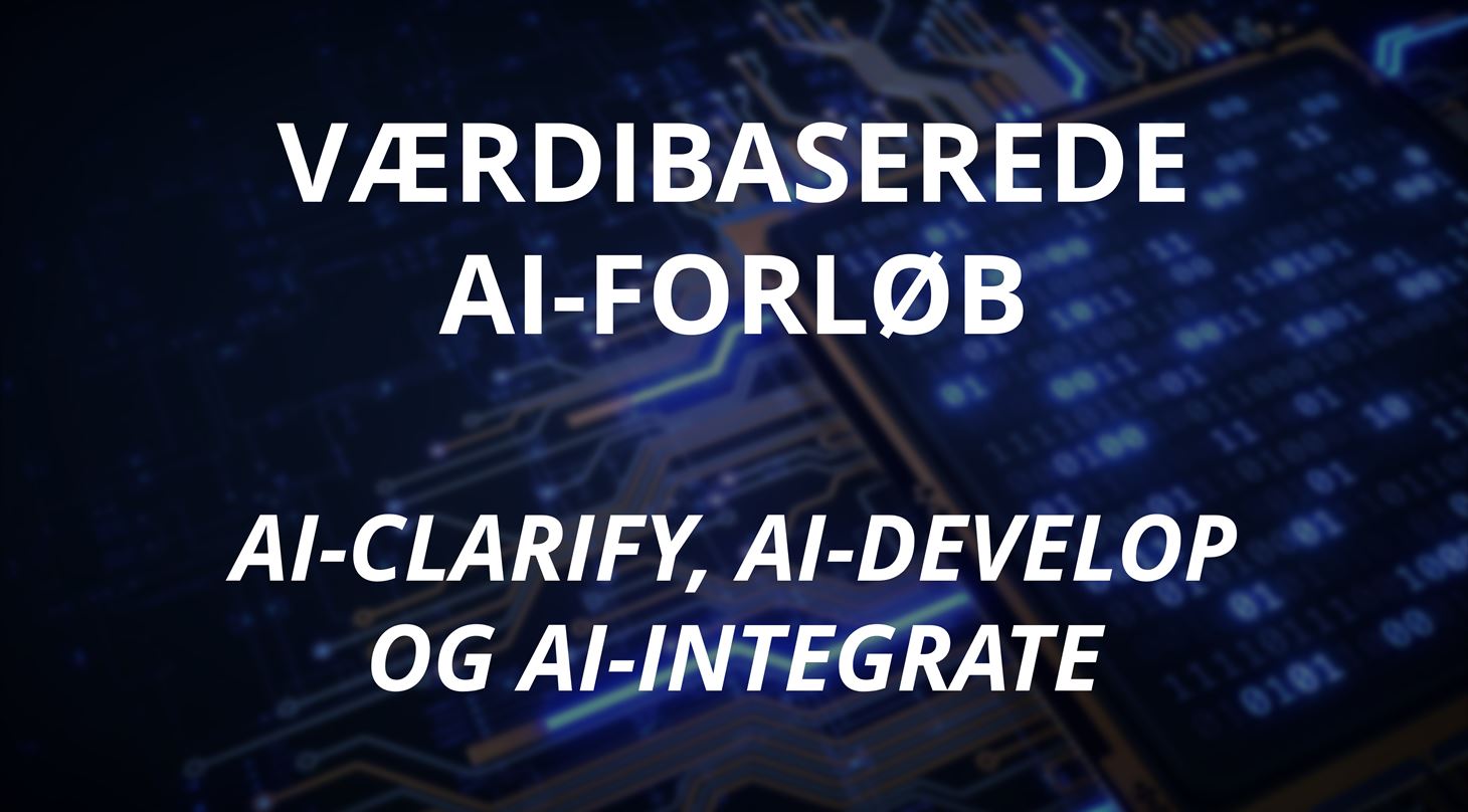 grafik med computerchip i baggrunden og teksten "vrdibaserede ai forlb AI clarify, ai-develop og AI-integrate"