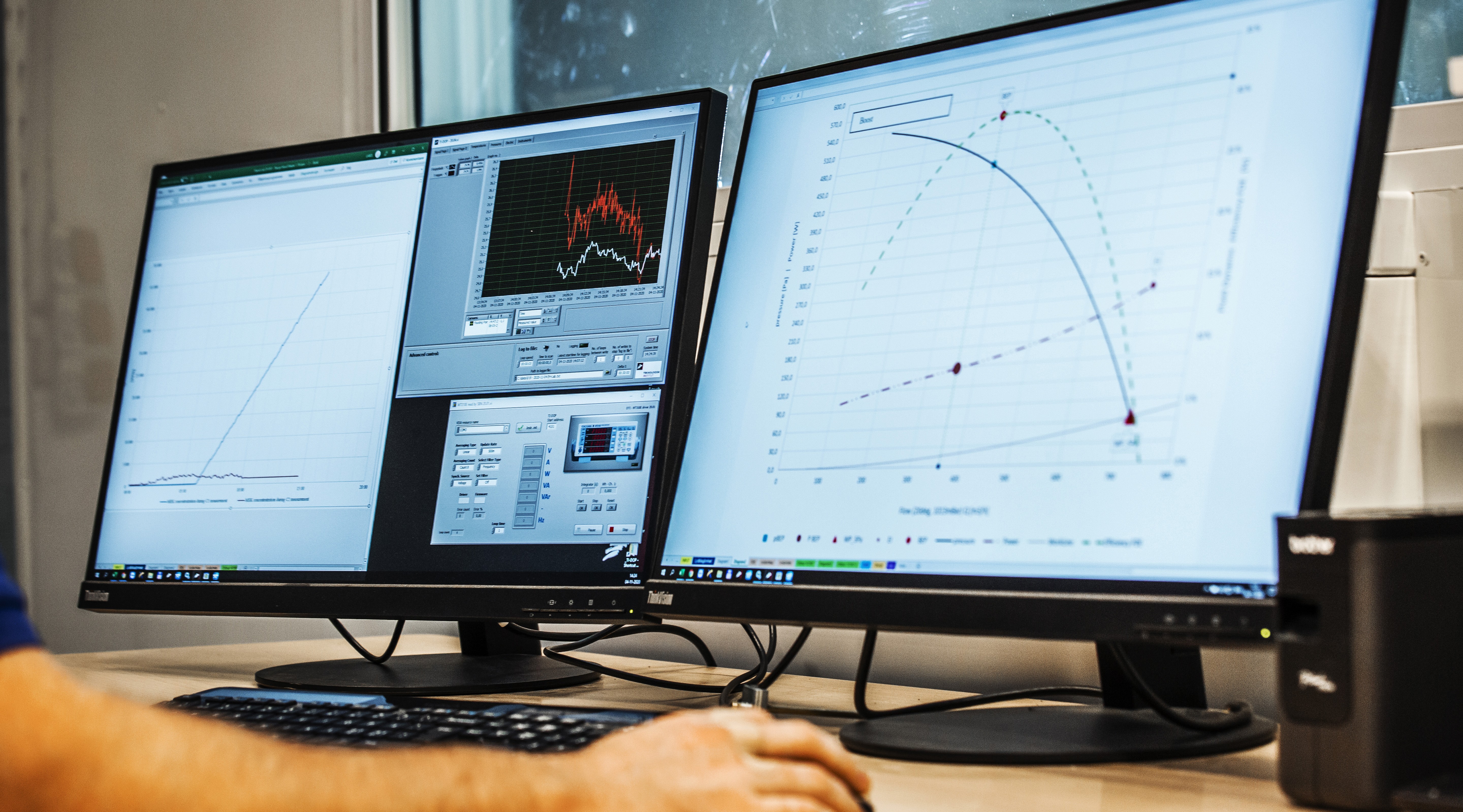 To computersk�rme der viser tekniske m�ledata og grafer i et laboratorium